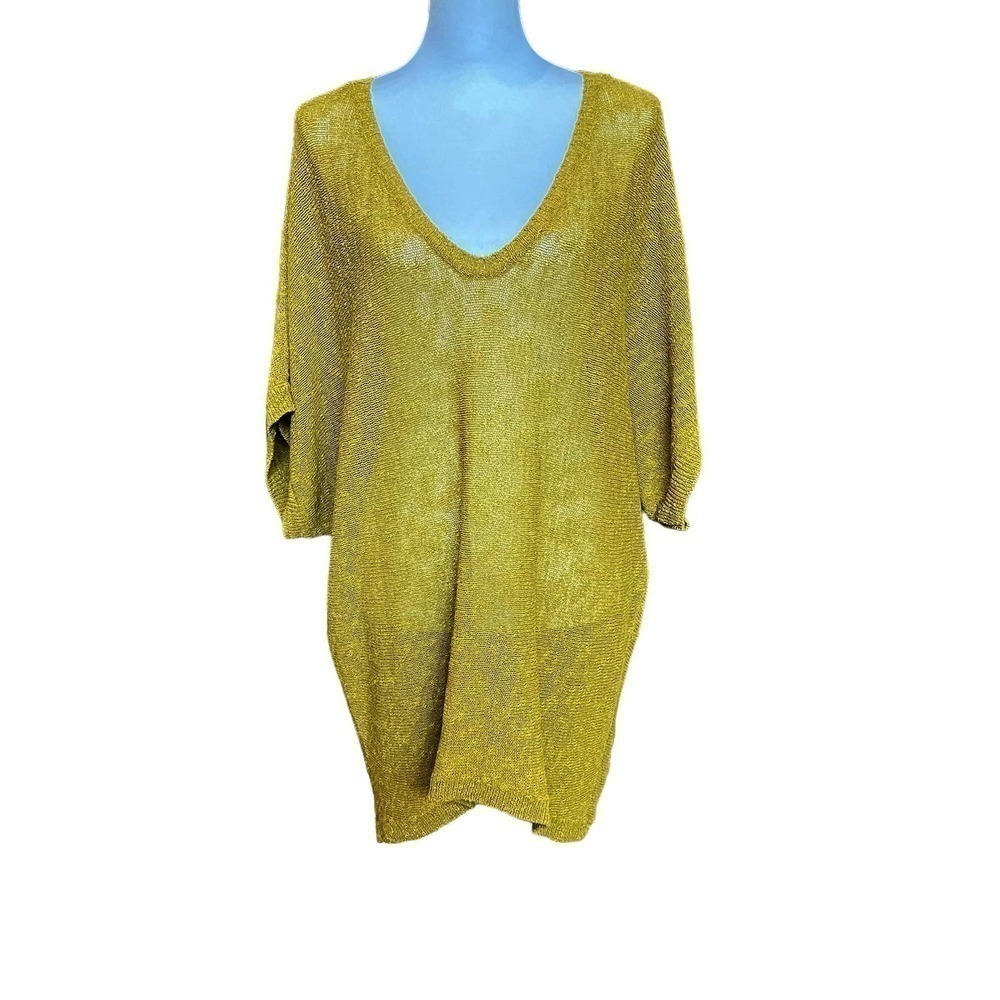 Eileen Fisher Linen Blend V Neck High Low Short Dolman Sleeve Top Green Size M - Picture 1 of 9